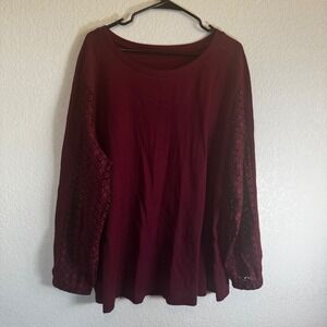 Waffle Knit Top Women 2X Burgundy Lace Sleeve Scoop Neck Relaxed Fit